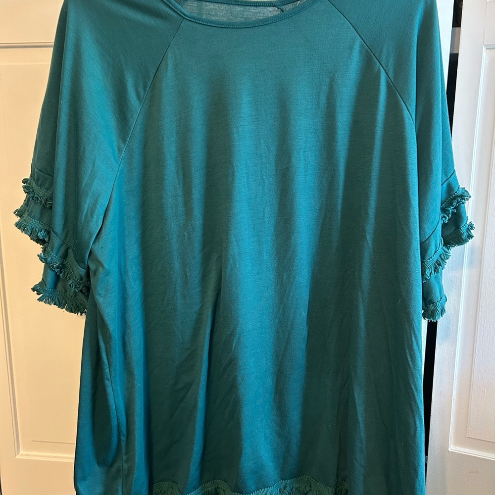 Teal Women's Top with Fringe Sleeves